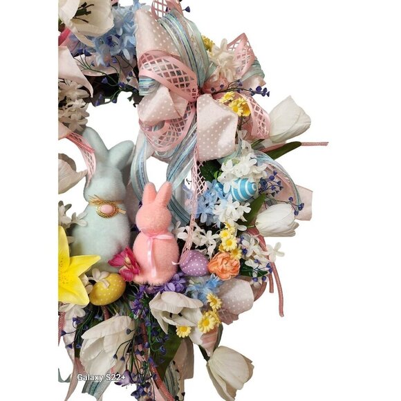 Spring Easter Wreath With Bunny Decorations Pastel Flowers & Ribbons 28" Diamete - Picture 5 of 7